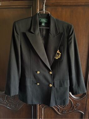 Vtg Lauren Ralph Lauren Double Breasted Blazer Jacket Black Embroidered Crest 12